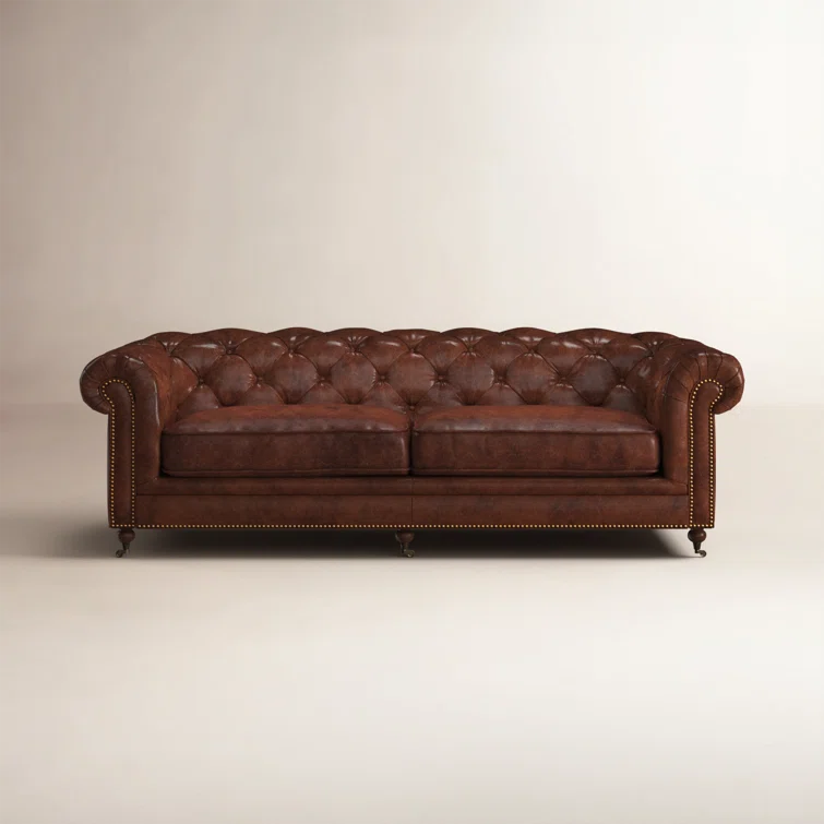 Idalia 87" Genuine Leather Rolled Arm Chesterfield Sofa with Reversible Cushions