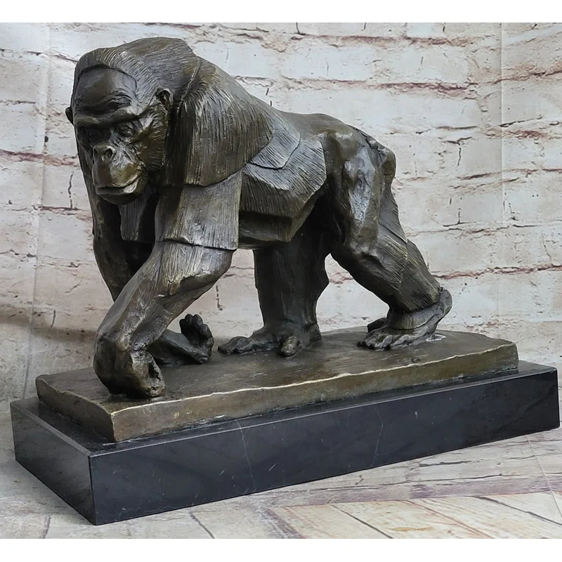 Bungalow Rose Xaila Gorilla Sculpture Statue Figure Bronze Metal Signed Art On Marble Base By Vobisova