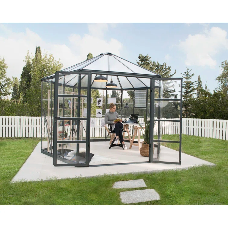 Canopia Palram - Canopia Oasis 12' x 10' Hexagonal Walk-In Hobby Polycarbonate Aluminum Frame Greenhouse Outdoor Living Structure - Gray