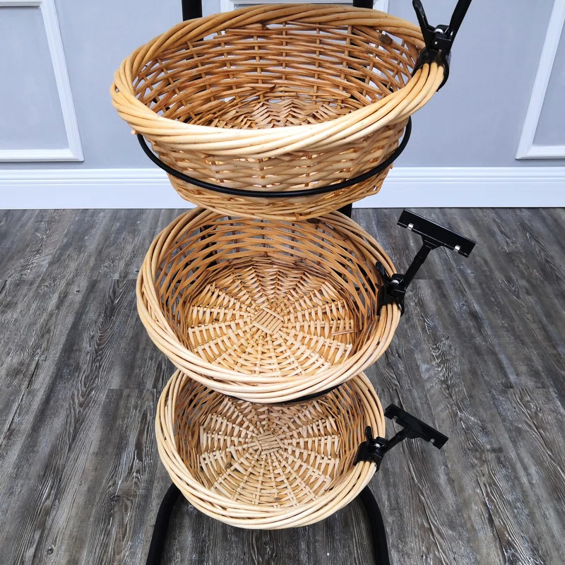 FixtureDisplays 4 Tier Basket Stand, Sign Clips, Wicker Grocery Store Rack Display, Market Basket Rack Kitchen
