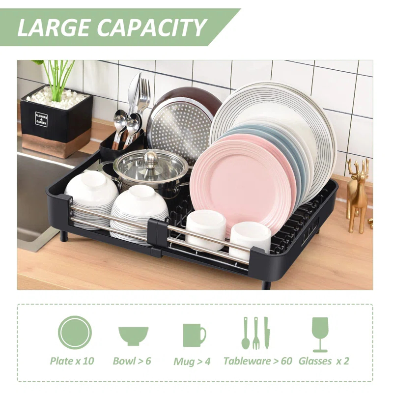 EDGAR'S FURNITURE MANUFACTURING INC Dish Drying Rack For Kitchen Counter, Extendable Dish Rack With Drainboard, Collapsible Dish Strainer With Cutlery Holder, Foldable Home Countertop Plate Storage Rack