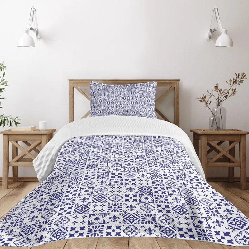 Ambesonne Ambesonne Indigo Bedspread Set  Tile Square Abstract Pattern  Indigo White