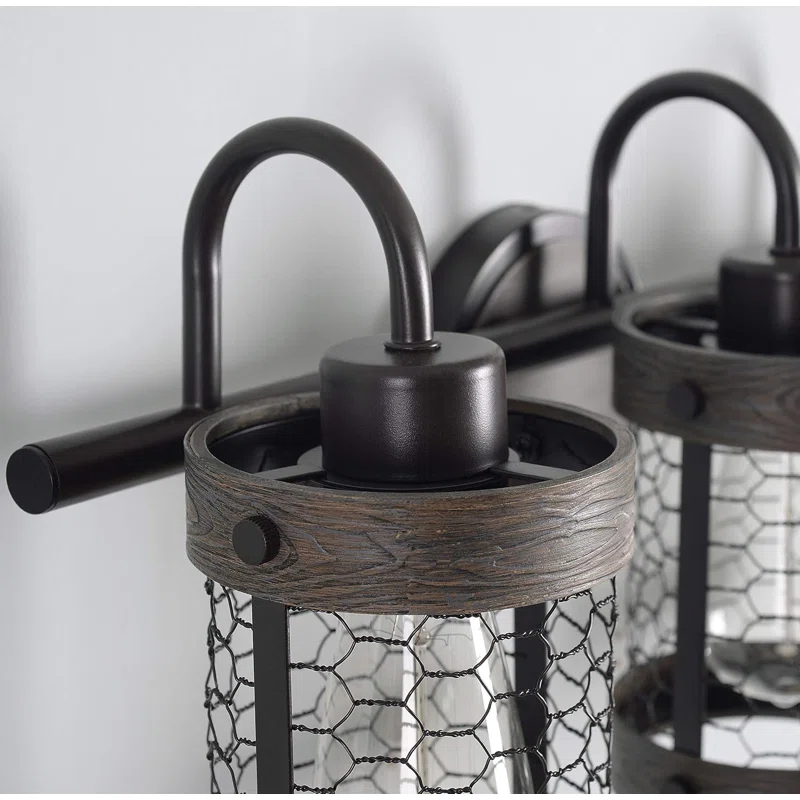 Co-t Kenroy Home Industrial Farmhouse 3-Light Bath Vanity Fixture With Chicken Wire Mesh Shades & Distressed Wood Accents
