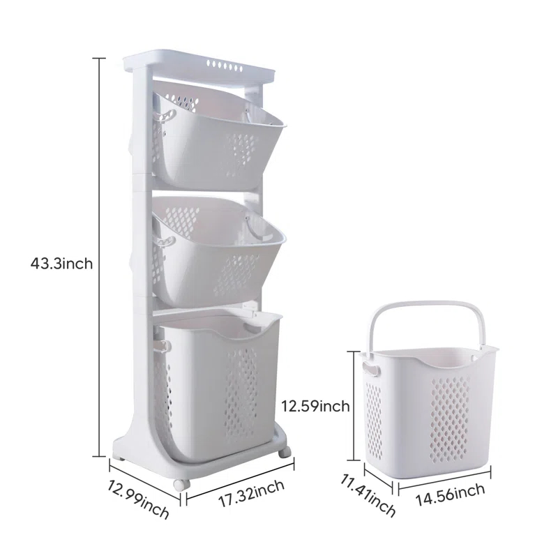 Ivy Bronx Ivy Bronx Rolling Laundry Hamper Cart with Wheels, 3 Tier Laundry Baskets
