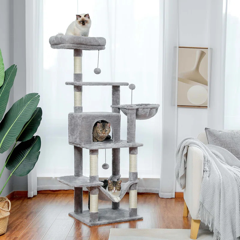 Multi-Level Cat Tree Tower With Cat Hammocks, Sisal Covered Scratching Post And Plush Top Perch