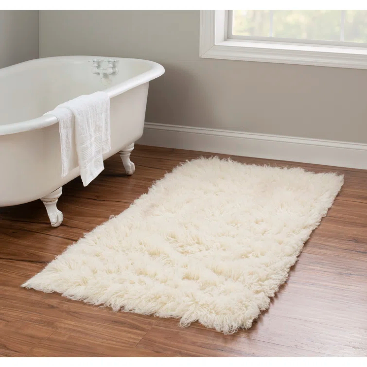 Ebern Designs Aaiden Flokati Wool Shag Hand Loomed Ivory Rug