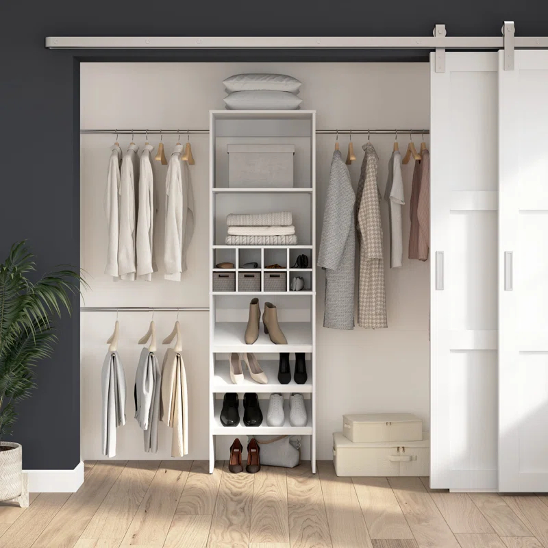 Bestar Carina 24W Closet Organizer With Shoe Shelves, Clothing Rods And Cubbies