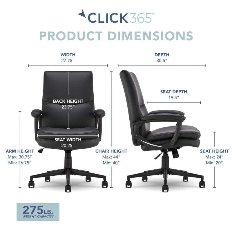 CLICK365 Click365 Classic Comfort Executive Office Chair, Ergonomic Mid-Back, Double-Layer Seat Cushion