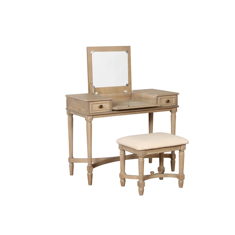 Kelly Clarkson Home June Natural Two Drawer Flip Top Vanity Set with Stool
