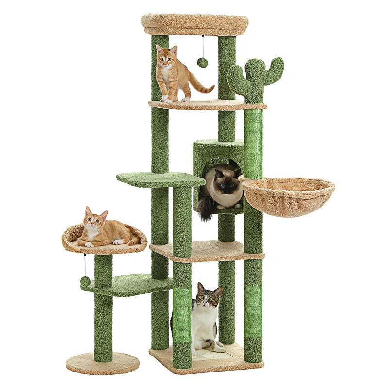 59" Cactus Cat Tree, Large Cat Tree For Indoor Cats, Cat Tower For Large Cats, Multi-Level Cat Tower, Cat Condo With Large Hammock, Scratching Post, And 2 Perches