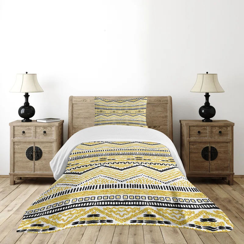 Ambesonne Ambesonne Yellow and Black Bedspread Set 2 Pcs Zig Zag Lines Twin Yellow Black and White