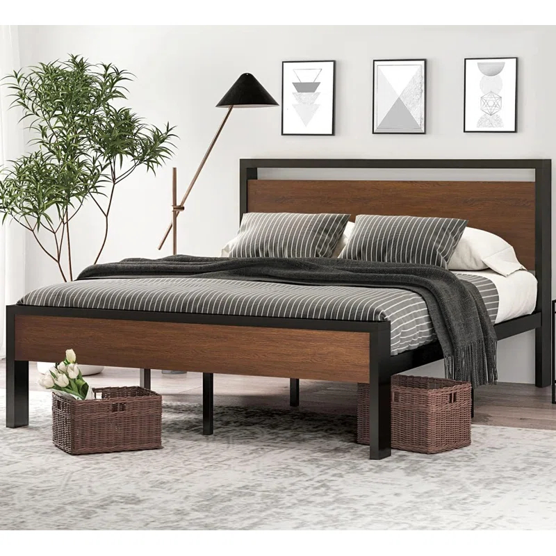 17 Stories 14 Inch Queen Size Metal Platform Bed Frame with Wooden Headboard and Footboard,No Box Spring Needed