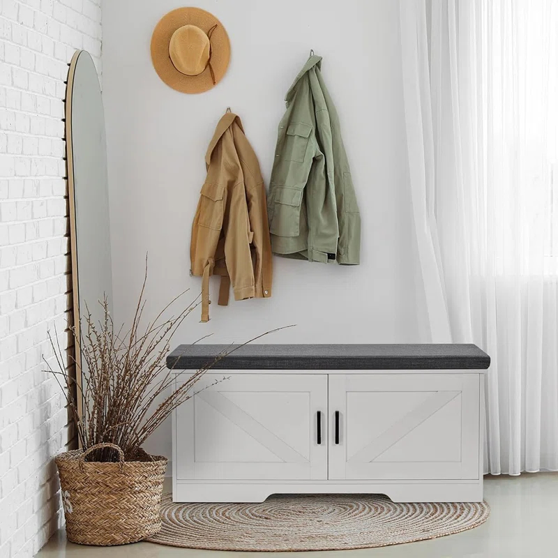 Gracie Oaks Gracie Oaks 2 Tier Shoe Storage Bench With Padded Seat Cushion, Entryway Bench With 2 Barn Doors, White, Adjustable Shelf, 13.8" D X 39.4" W X 17.7" H