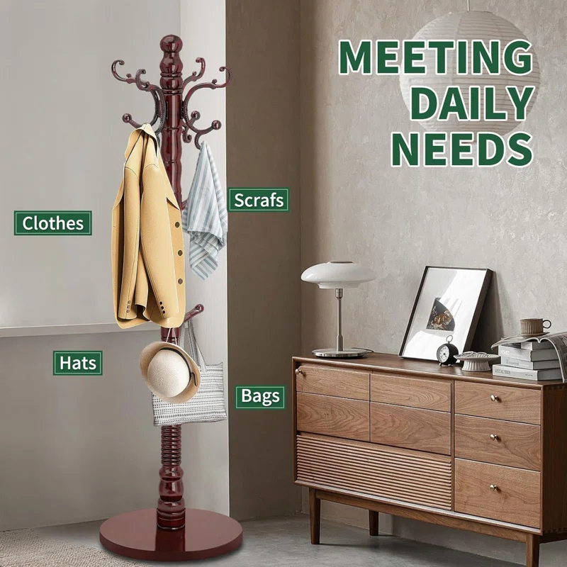 Red Barrel Studio® Wood Coat Rack Stand, Wooden Coat Rack Freestanding With Sturdy Round Base, Coat Racks With 14 Hooks, Natural Birch Wood Entryway Coat Tree Hanger Stand Easy To Assemble