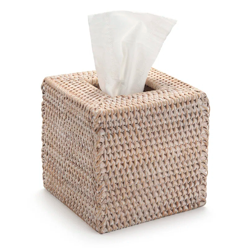 One Allium Way® Rattan Tissue Box Cover Natural Woven Facial Napkin Holder Square (White, 5.5X5.5X5.9 Inch)