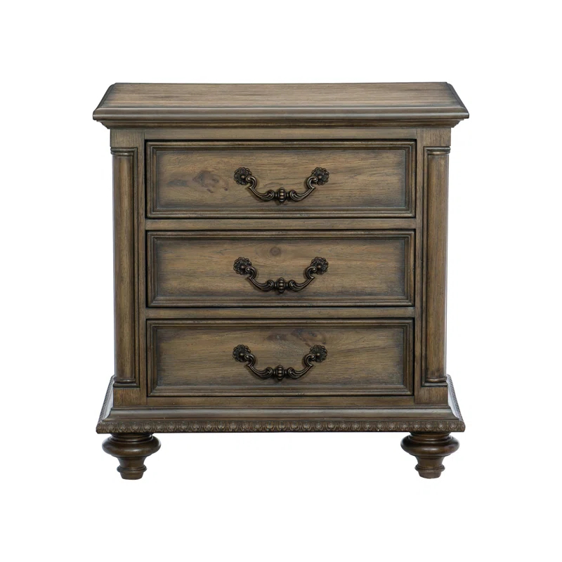 Hokku Designs Traditional Vintage Style 1pc Nightstand of 3 Drawers Metal Hardware Weathered Pecan Finish Classic Bedroom Furniture