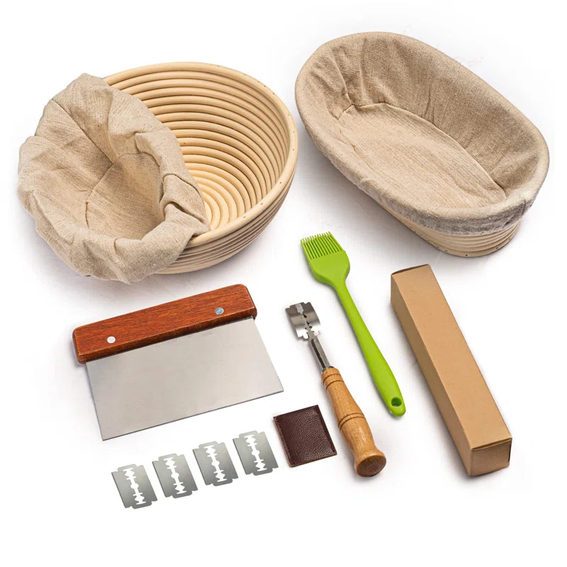 Bread Banneton Proofing Basket Set Of 2, 9 Inch Round & 10 Oval Cane Sourdough Baskets With Lame + Dough Scraper Linen Liner Basting Brush For Making Baking Fermentation