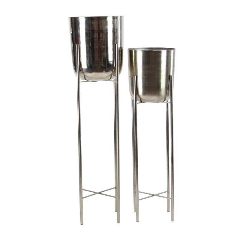 CosmoLiving by Cosmopolitan 2 - Piece Silver Metal Tall Indoor Outdoor Dome Indoor Outdoor Planter with Removable Stand Set