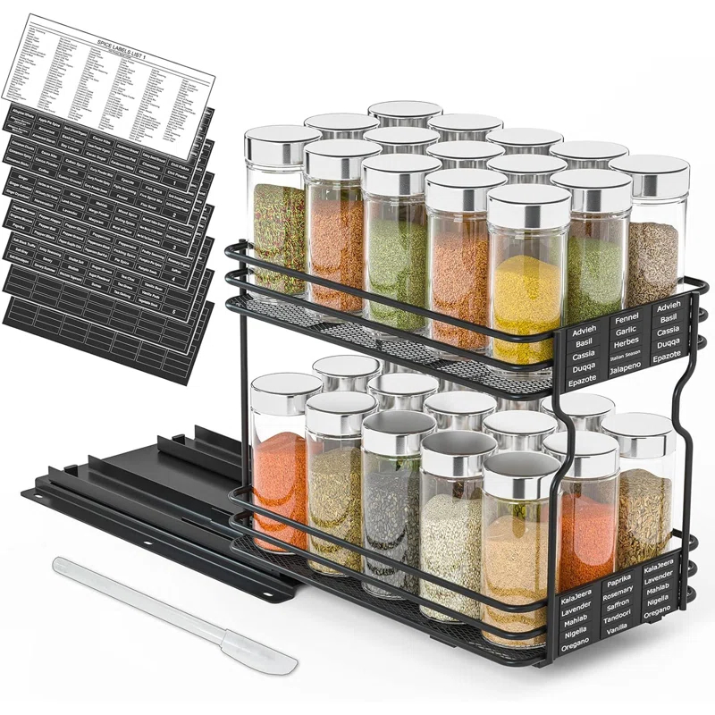 SpaceAid Heavy Duty Pull-Out Spice Rack Organizer for Cabinets – Slide-Out Seasoning Holder with Labels, 1 Drawer, 2-Tier