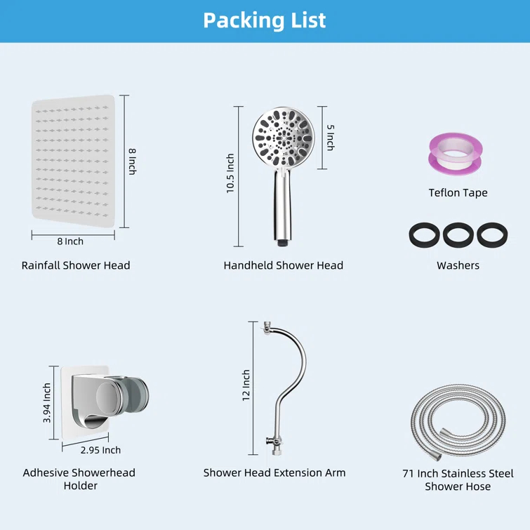 Hibbent Dual Shower Head Combo with Metal 8 Inch High Pressure Rainfall Shower Head  and Handheld Shower SCW01-HS070-SS080-CP