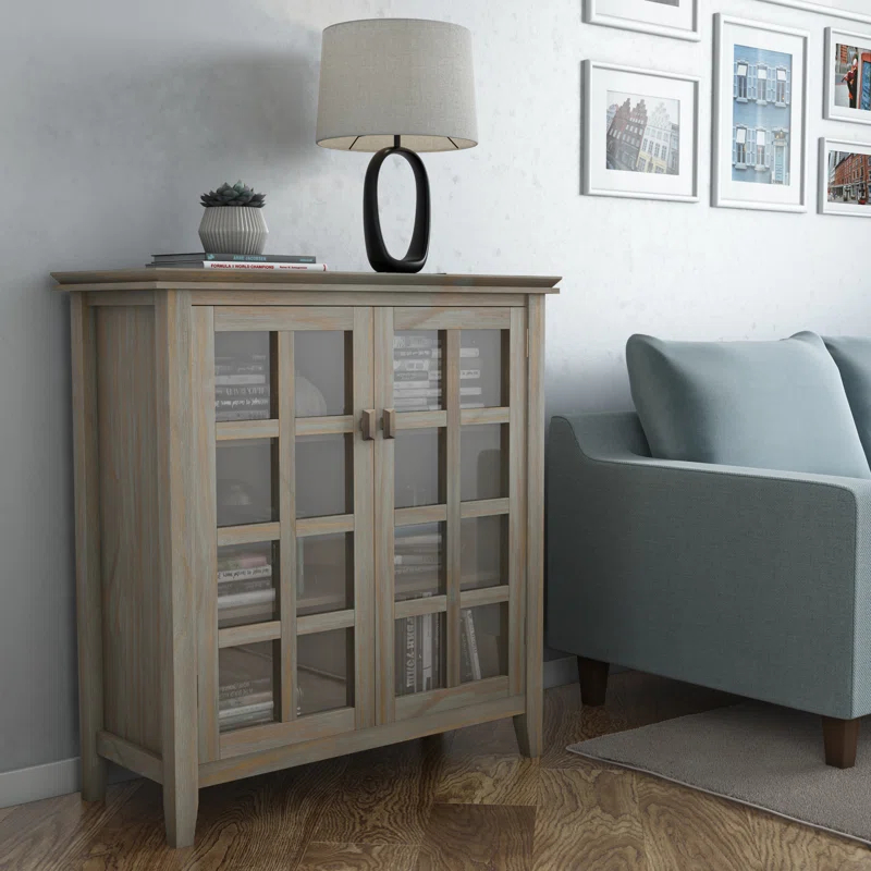 Simpli Home Artisan 38"W Solid Wood 4-Shelf Medium Storage Cabinet with Glass Doors and Adjustable Shelves
