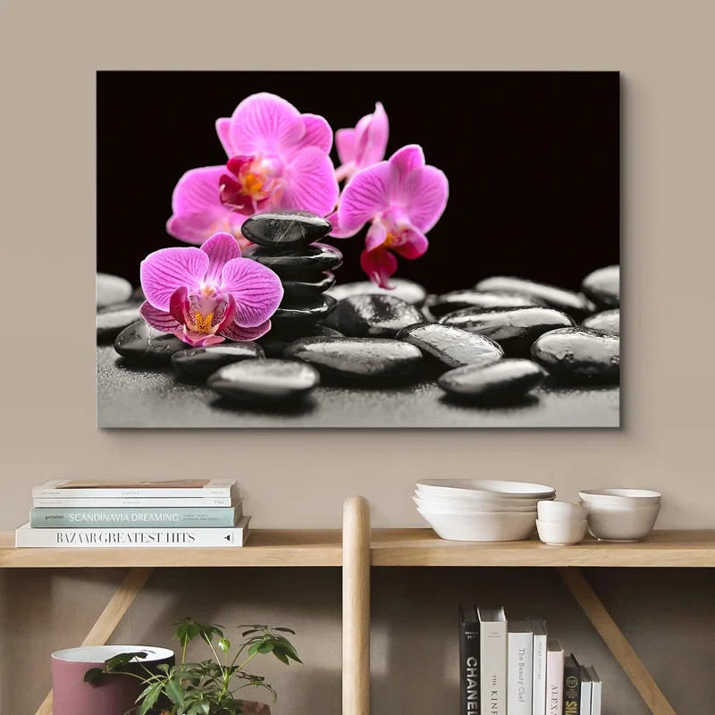 IDEA4WALL Zen Stones Purple Orchid Flowers Black Beach Pebbles Nature Wilderness On Canvas Print