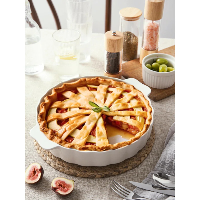 MASTER CRAFT WINDOW AND DOOR Ceramic Pie Pan For Baking,13Inch Round Baking Dish With Double Handle,Pie Plate With Ruffled Edge-Microwave, Dishwasher, And Oven Safe