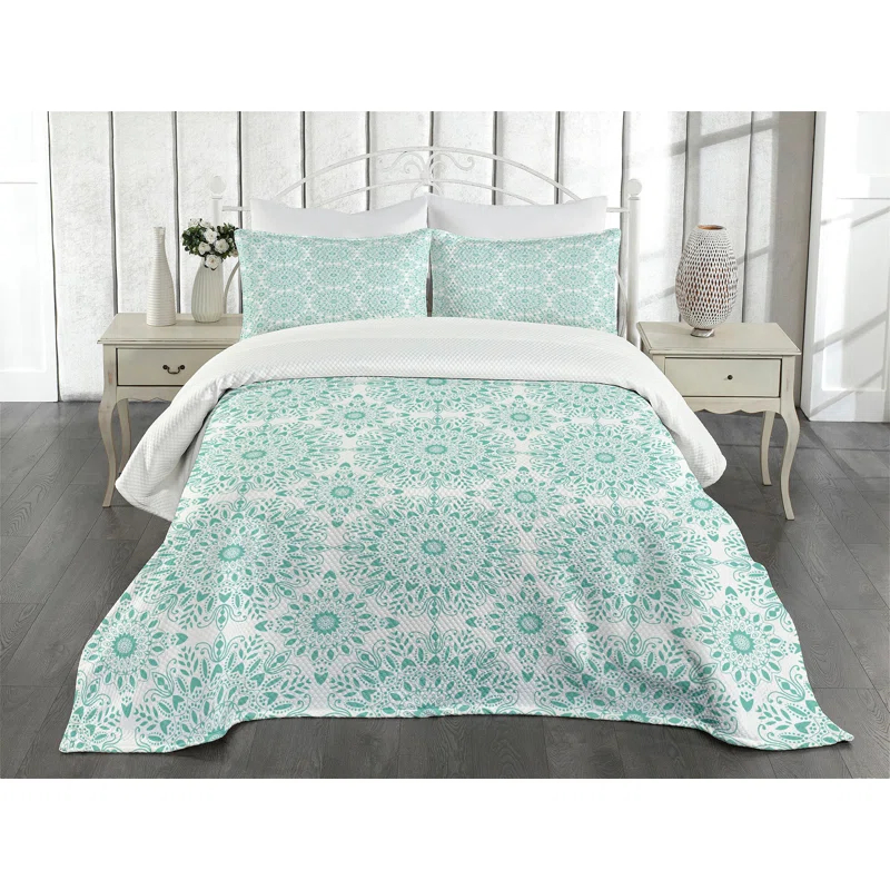 Ambesonne Ambesonne Mandala Bedspread Set Oriental Swirls Aqua and White