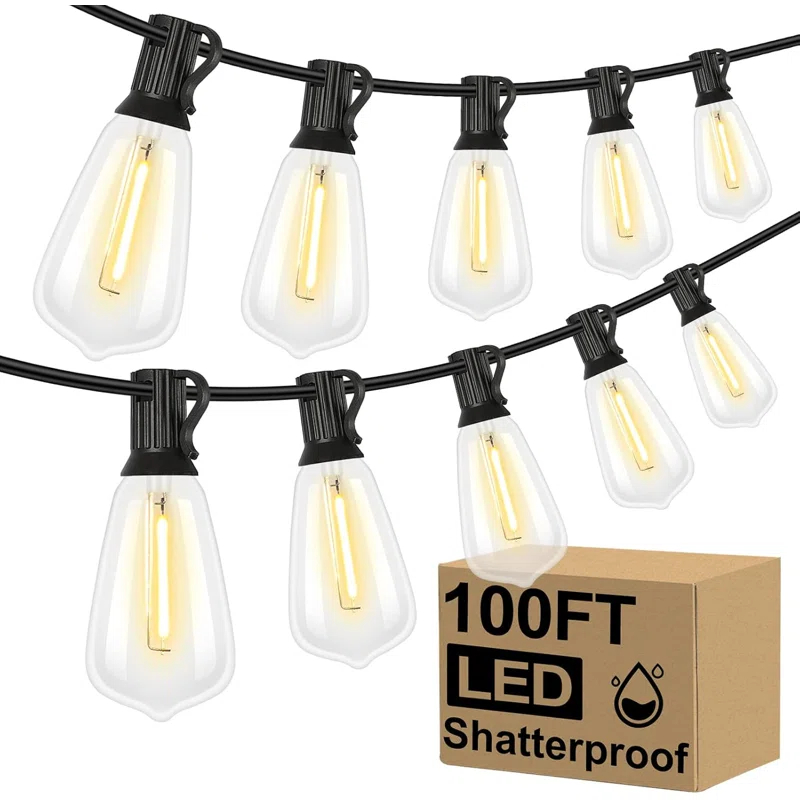 Arlmont & Co. Arlmont & Co. LED Outdoor String Lights 100FT Patio Lights With 52 Shatterproof ST38 Vintage Edison Bulbs