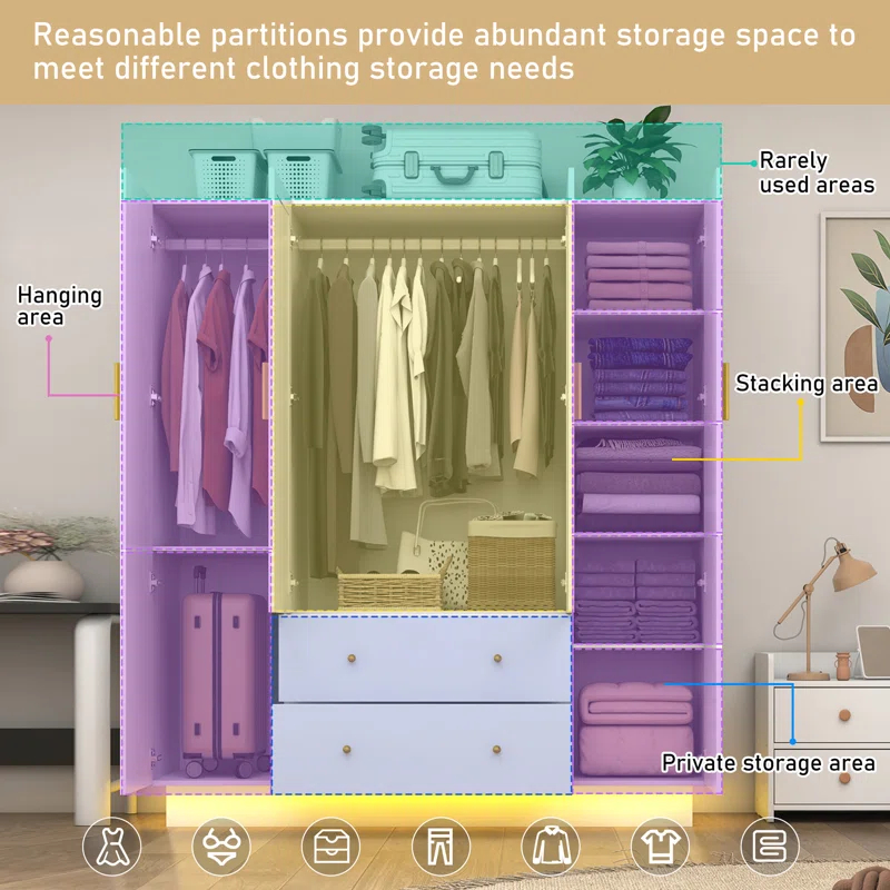 Armoire Wardrobe Closet With Mirror & Led Light, 4 Door Wooden Storage Cabinet With Drawers, Spacious Armoire With Hanging Rod & Adjustable Shelves