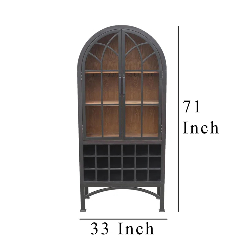 Benjara Veria Curio Wine Bar Cabinet, 2 Glass Arch Doors, Matte Black 71 Inch