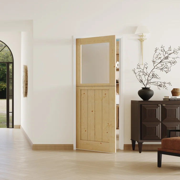 CHIC MODE Interior Dutch Door - Half Frosted Glass Split Single Door Slab, Modern Style Farmhouse Closet Door, Natural Pine Wood(Not Include Door Hinges)