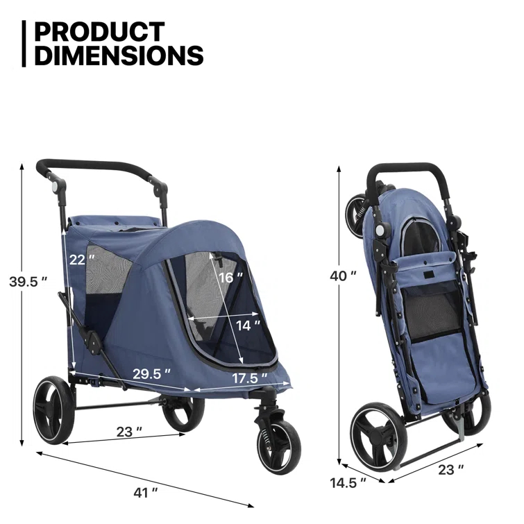 MoNiBloom Folding 3 Wheel Pet Stroller, Foldable Dog Jogger Stroller with Adjustable Handlebar and Mesh Window