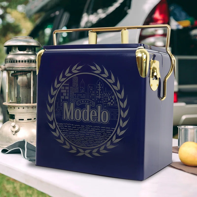Koolatron Modelo Retro Ice Chest Cooler with Bottle Opener 13L (14 qt), Blue and Gold