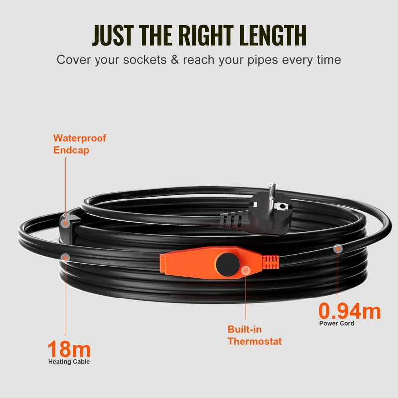 VEVOR Pipe Heating Cable 24FT 7W/FT Heat Tape for Pipes with Built-in Thermostat