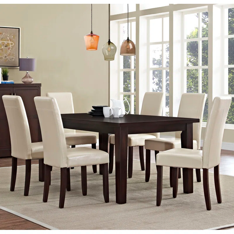 Simpli Home Acadian 7-Piece Dining Set with Solid Hardwood Table and 6 High-Back Upholstered Chairs