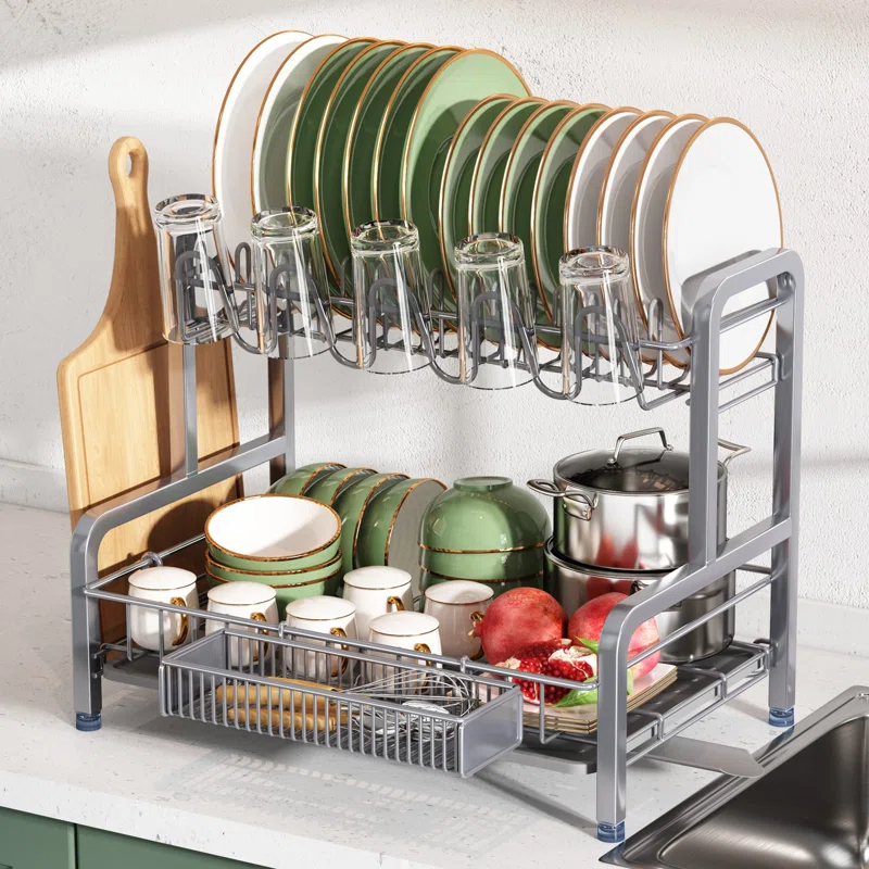 EDGAR'S FURNITURE MANUFACTURING INC Dish Drying Rack And Drainboard Set, 2 Tier Stainless Steel Dish Rack For Kitchen Counter, Large Dish Strainer Organizers With Cups Holder, Utensil Holder