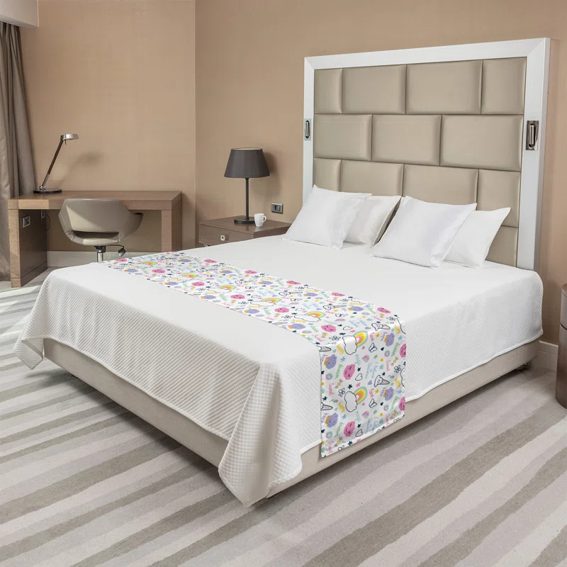 Ambesonne Ambesonne Cartoon Bed Runner Rainbow Clouds Happy Items Multicolor