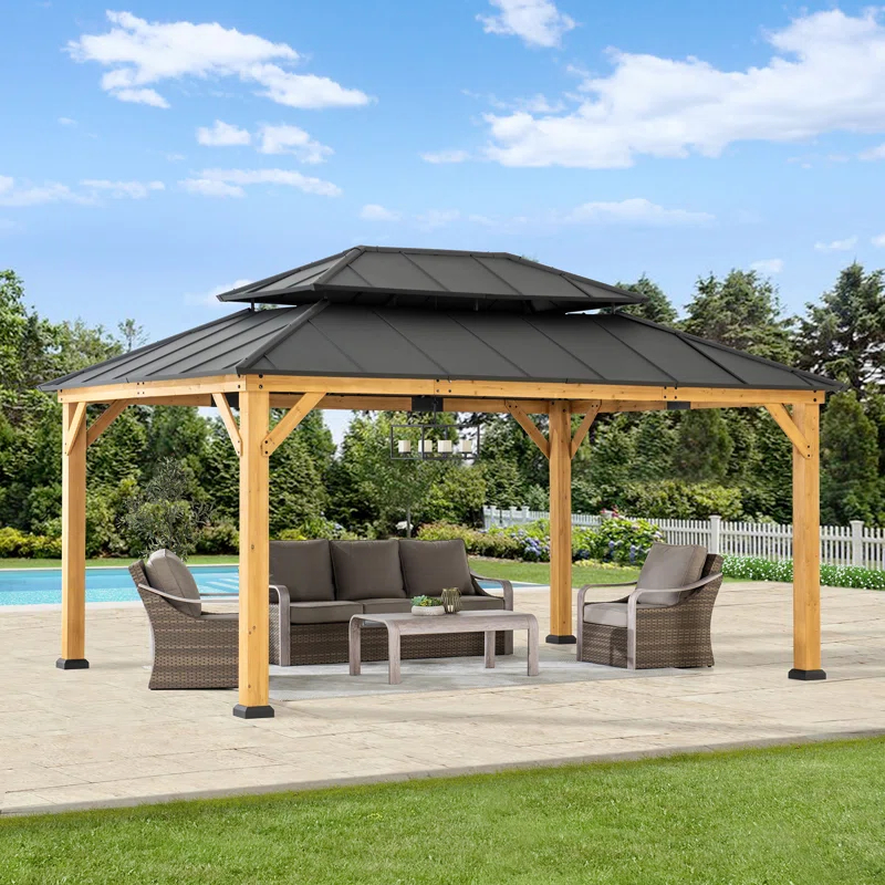 Sunjoy Sunjoy 12x16 ft. Wood Gazebo, Outdoor Patio Steel Hardtop Gazebo, Cedar Framed Wooden Gazebo with 2-tier Metal Roof, Suitable for Patios, Lawn and Backyard