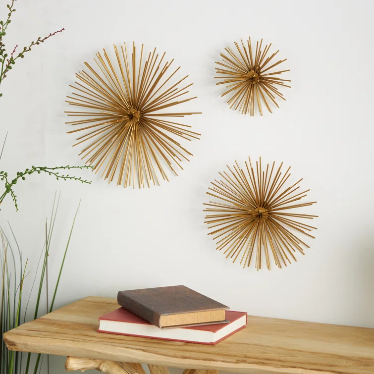 CosmoLiving by Cosmopolitan Gold Metal Starburst 3D Short Spike Home Wall Decor, Set of 3 6", 9", 12"W