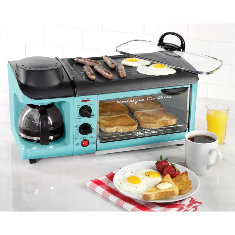 Nostalgia Retro 3-in-1 Family Size Electric Breakfast Station, Coffeemaker, Griddle, Toaster Oven, Aqua