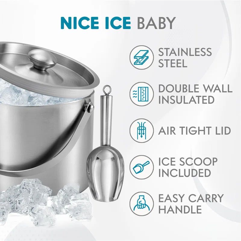 Mint Pantry® Ice Bucket (3 Liter) Stainless Steel Double Wall Insulated Ice Bucket With Lid & Scoop, Ice Buckets For Parties, Handle, Keeps Ice Cold