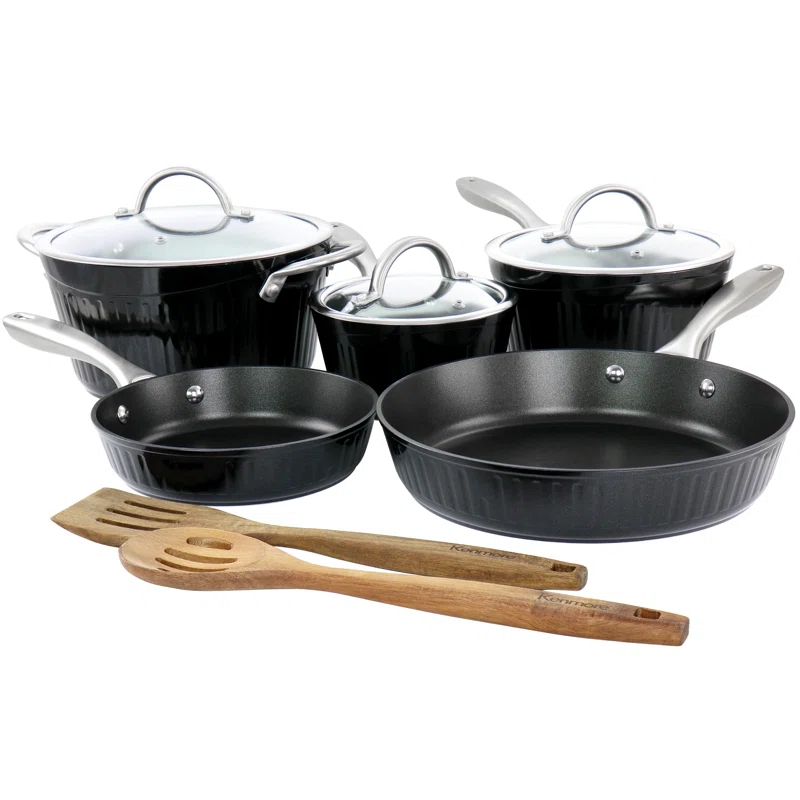 Kenmore Kenmore Logan 10 Piece Aluminum Nonstick Cookware Set In Black With Wood Utensils