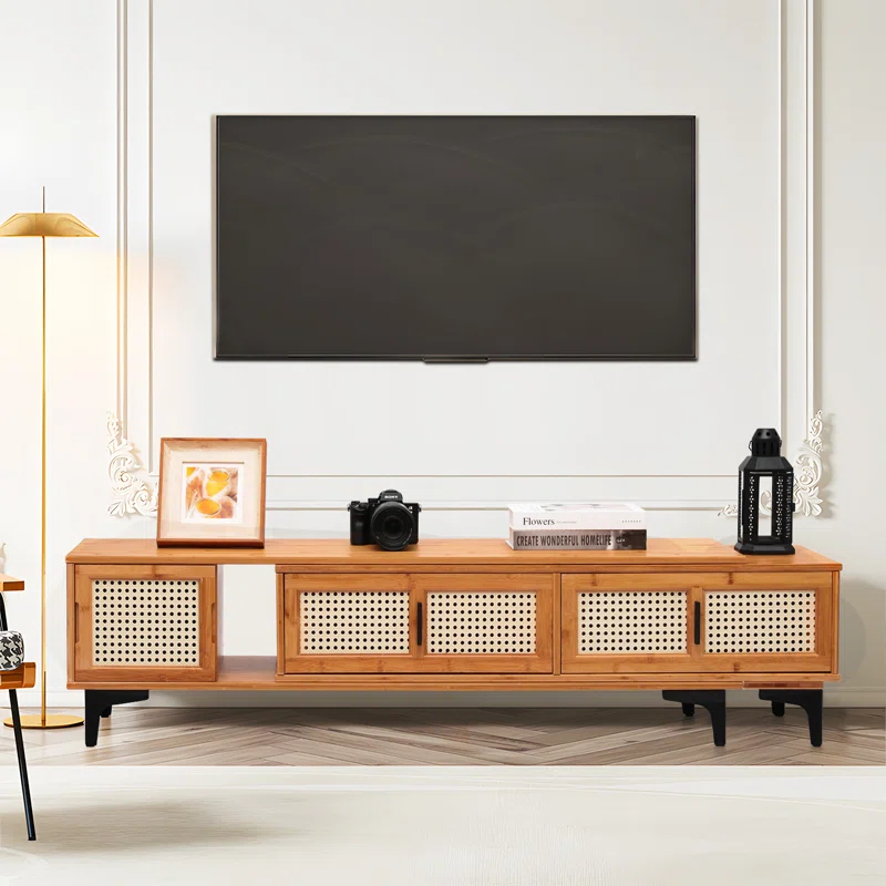 MoNiBloom Bamboo TV Stand with Storage Cabinet, 54" to 82.5" Extendable Length TV Console for Home Living Room