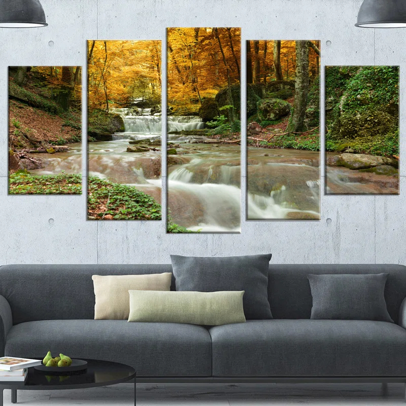 " Forest Waterfall With Yellow Trees " 5 - Pieces