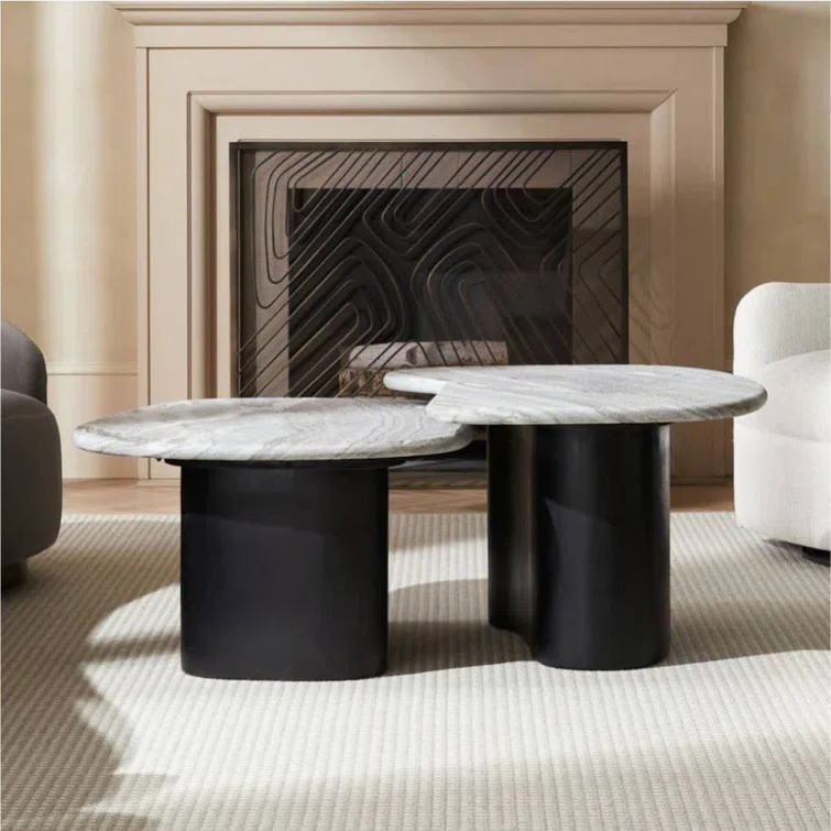 Ebony Mango Wood and Galaxy Marble Nesting Coffee Tables