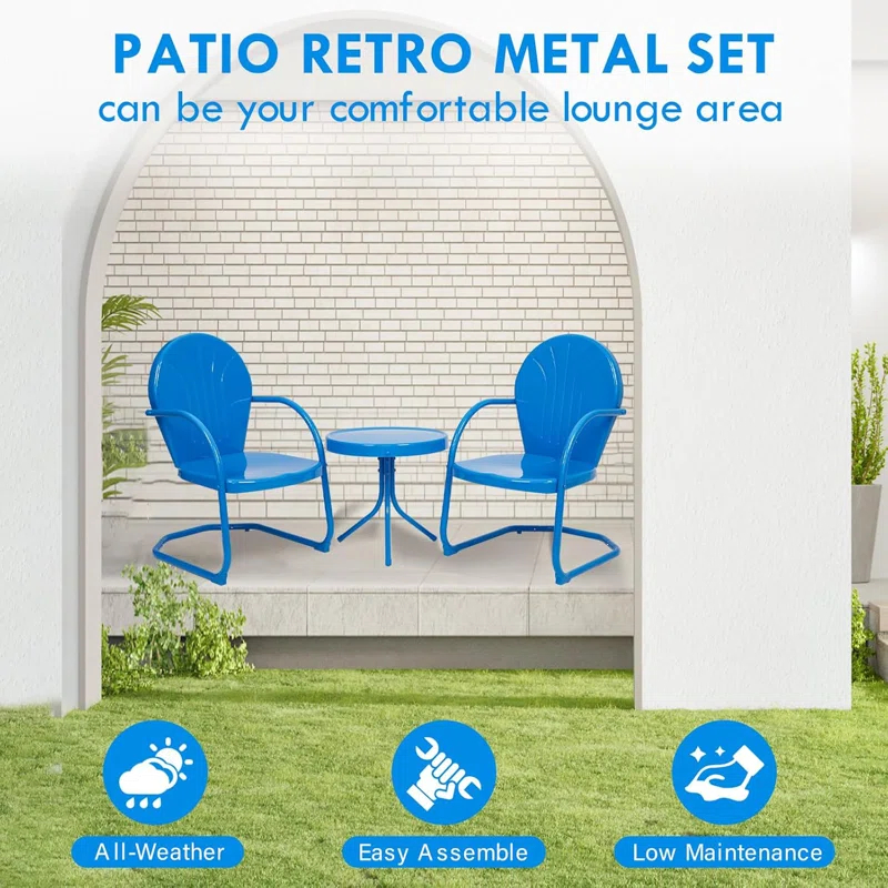 Latitude Run® Outdoor Bistro Set, 3 Pieces Retro Metal Porch Furniture Set, All-Weather Patio Bistro Set, 2 C-Spring Metal Chairs And Round Side Table For Porch, Garden, Lawn And Balcony