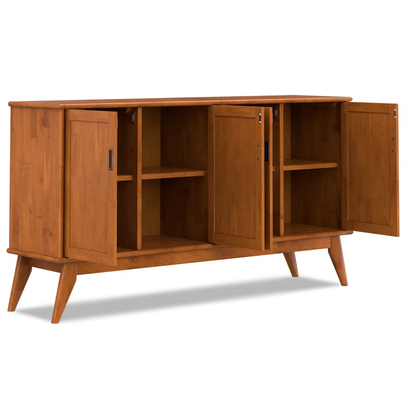 Simpli Home Draper 66"W Solid Hardwood Mid-Century Modern 4-Door Sideboard Buffet with Adjustable Shelves