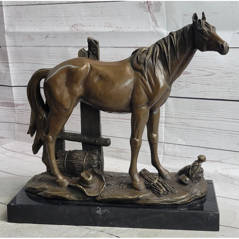 Canora Grey Eyvette Horse At The Stable Bronze Sculpture Statue Equestrian Country Farm Decor Signed Art