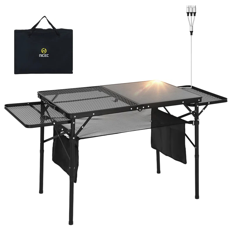 Portable Solar Camping Grill Table with USB, Type-C & DC Outlets, Folding Design, 2 Side Shelves & Storage Bag